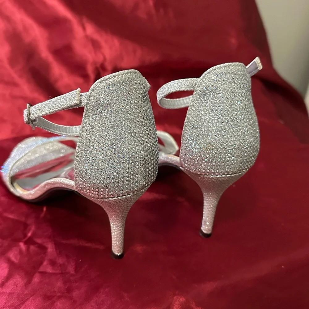Silver Rhinestone Stiletto Heels with Ankle Straps size 7M 3” heel